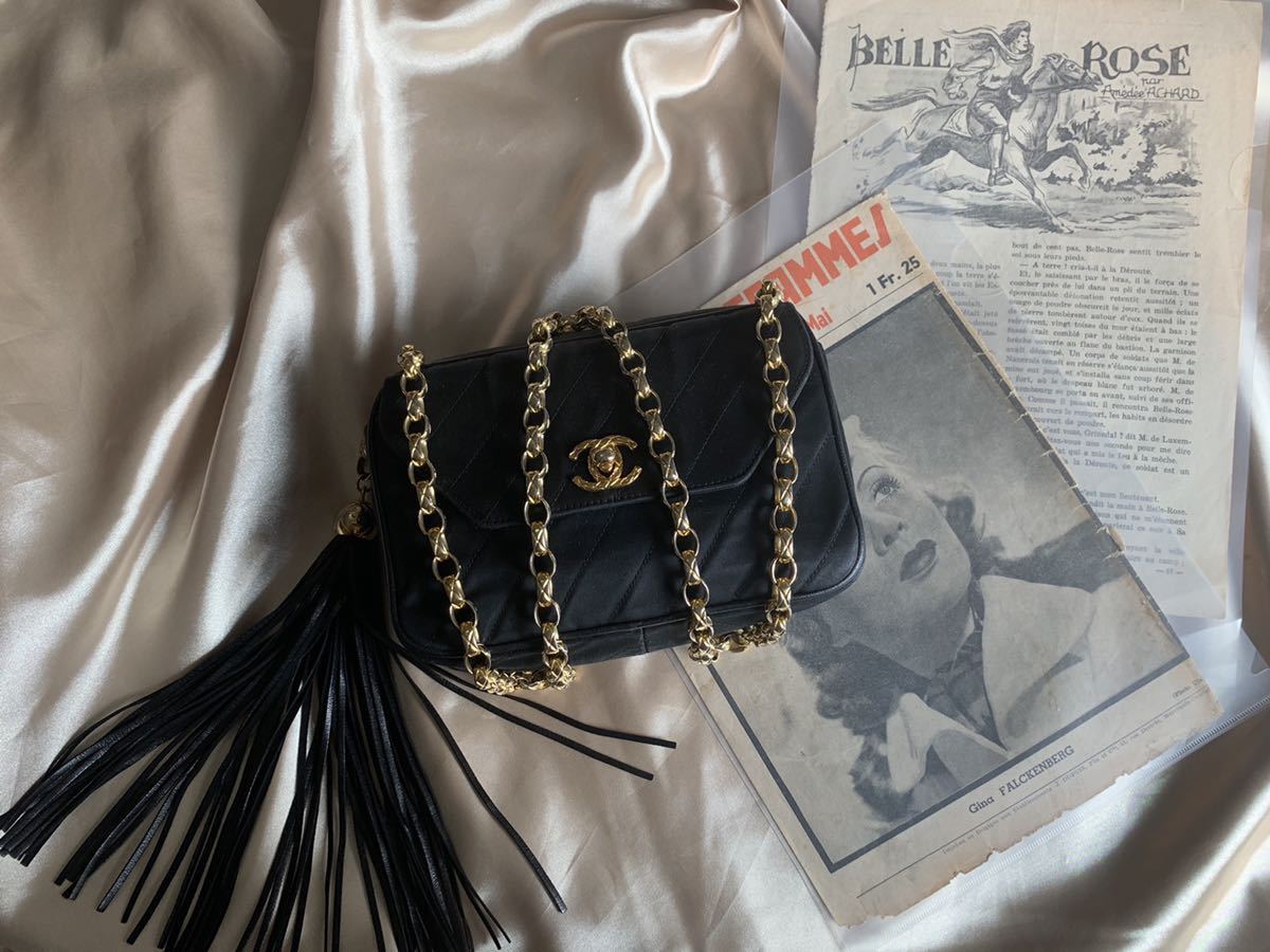 美品】1円から～Chanel シャネル シルクサテン ターンロック フリンジ 