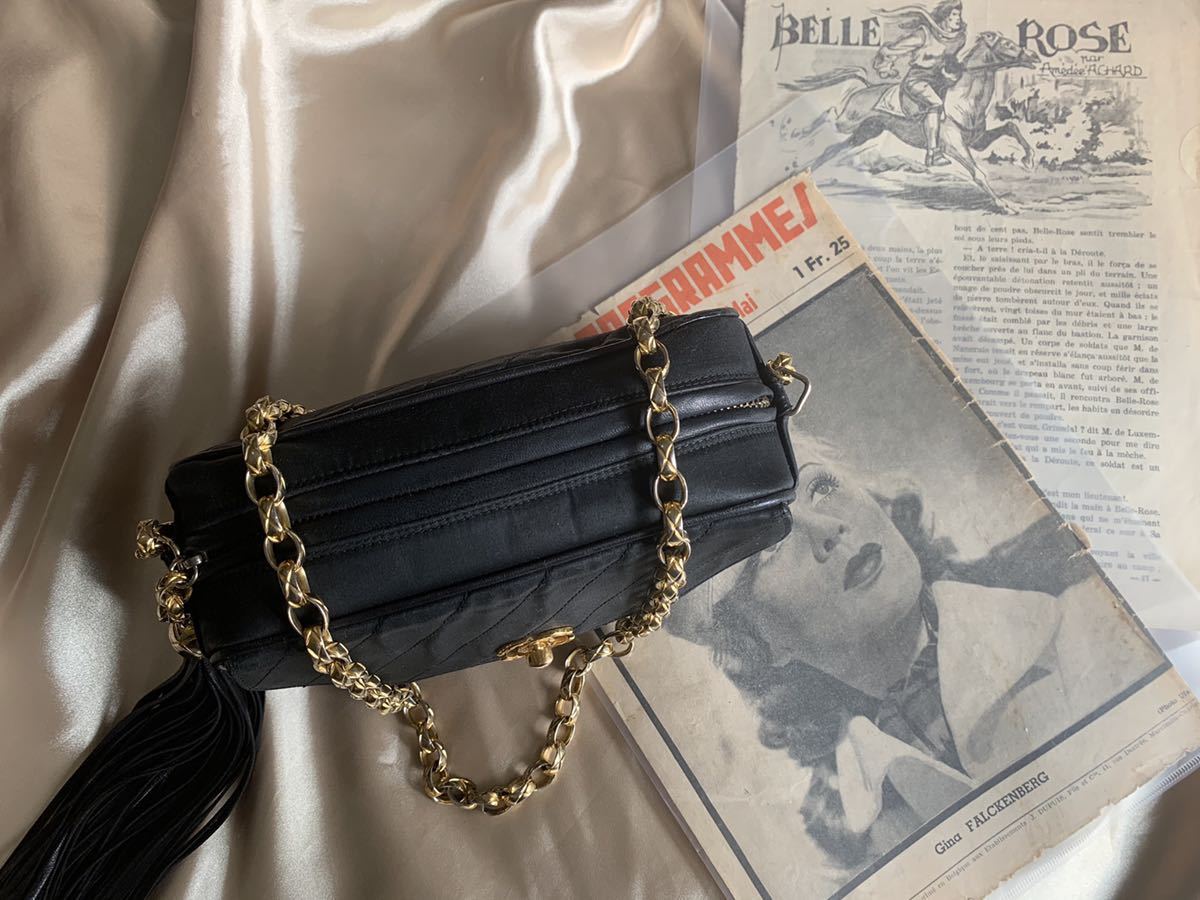 美品】1円から～Chanel シャネル シルクサテン ターンロック フリンジ 