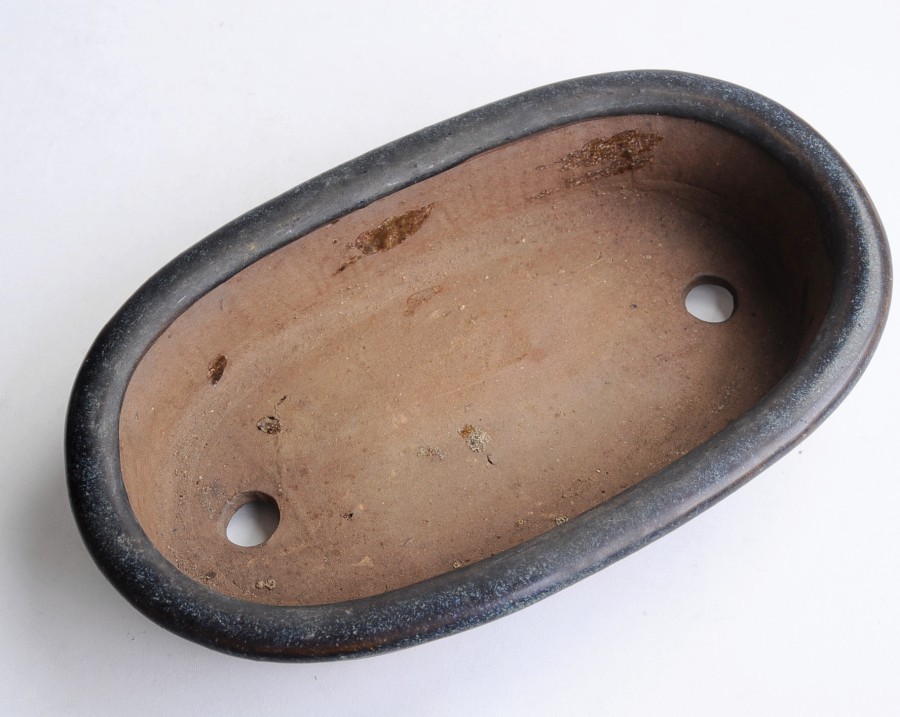 DFF3002◆葛明祥製　海鼠釉　楕円鉢　約２３×１４．５×高さ４．５ｃｍ◆中国古玩　盆栽鉢　樹鉢　ｎ