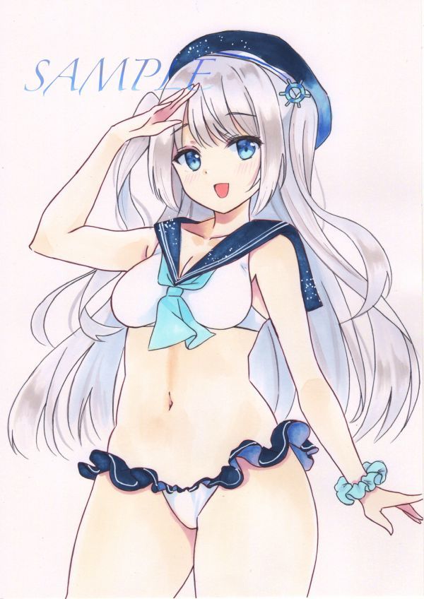 手描きイラストオリジナル◇セーラー水着◇女の子◇銀髪(手描き