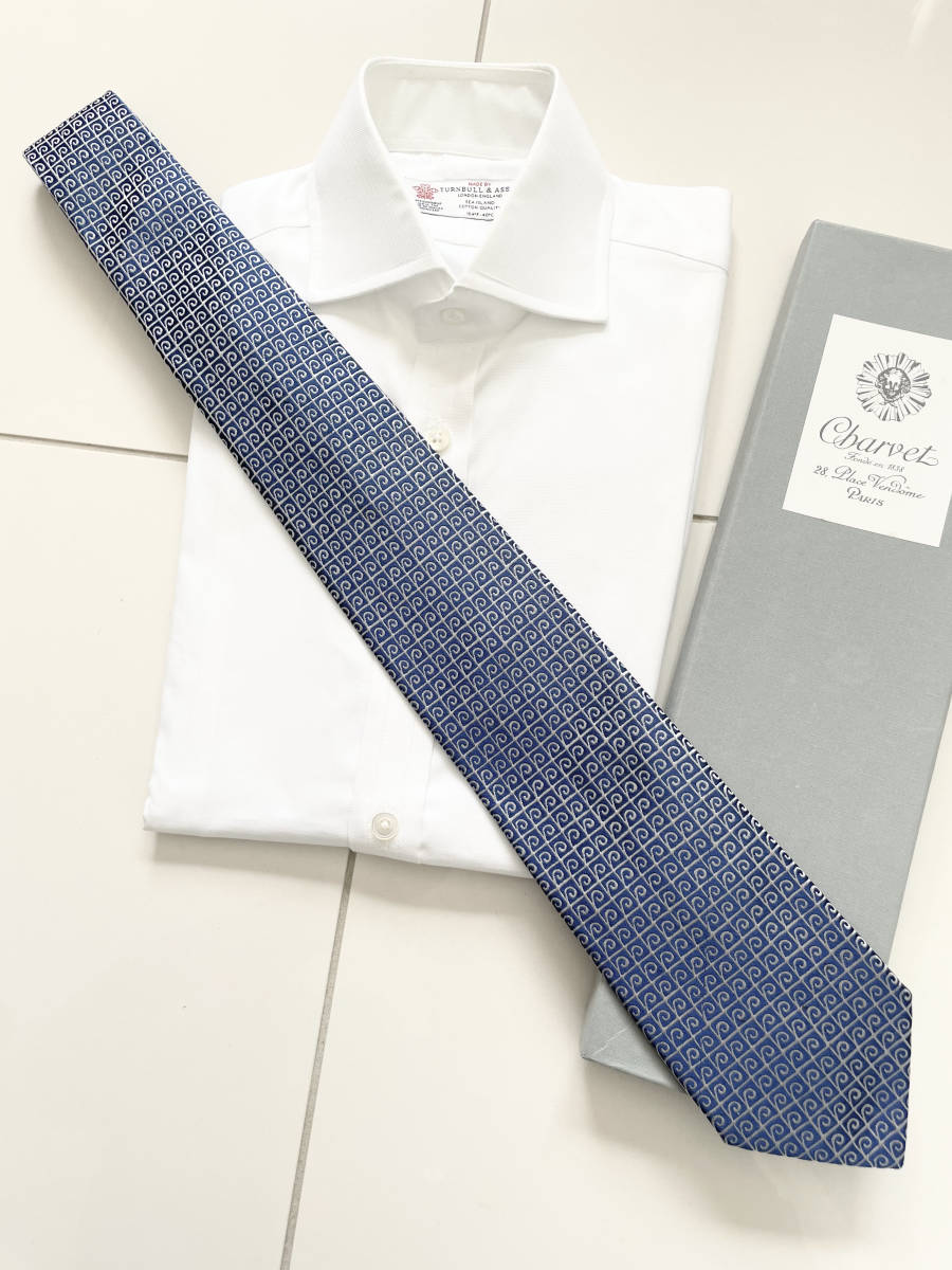 ■ 新品 Charvet シャルベ 3万5，200円 永久定番 ブルーアズーロ パターン シルク タイ ネクタイ ワイシャツ シャツ kiton マリネッラ zilli