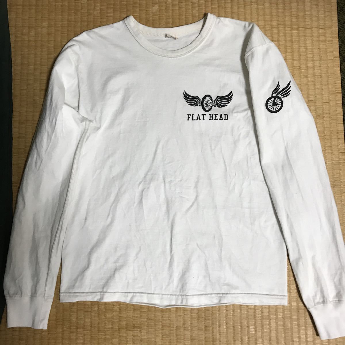 FLAT HEAD 袖&バクプリ入り ロゴ ロンTシャツ 白38 レア 長袖 フラット 