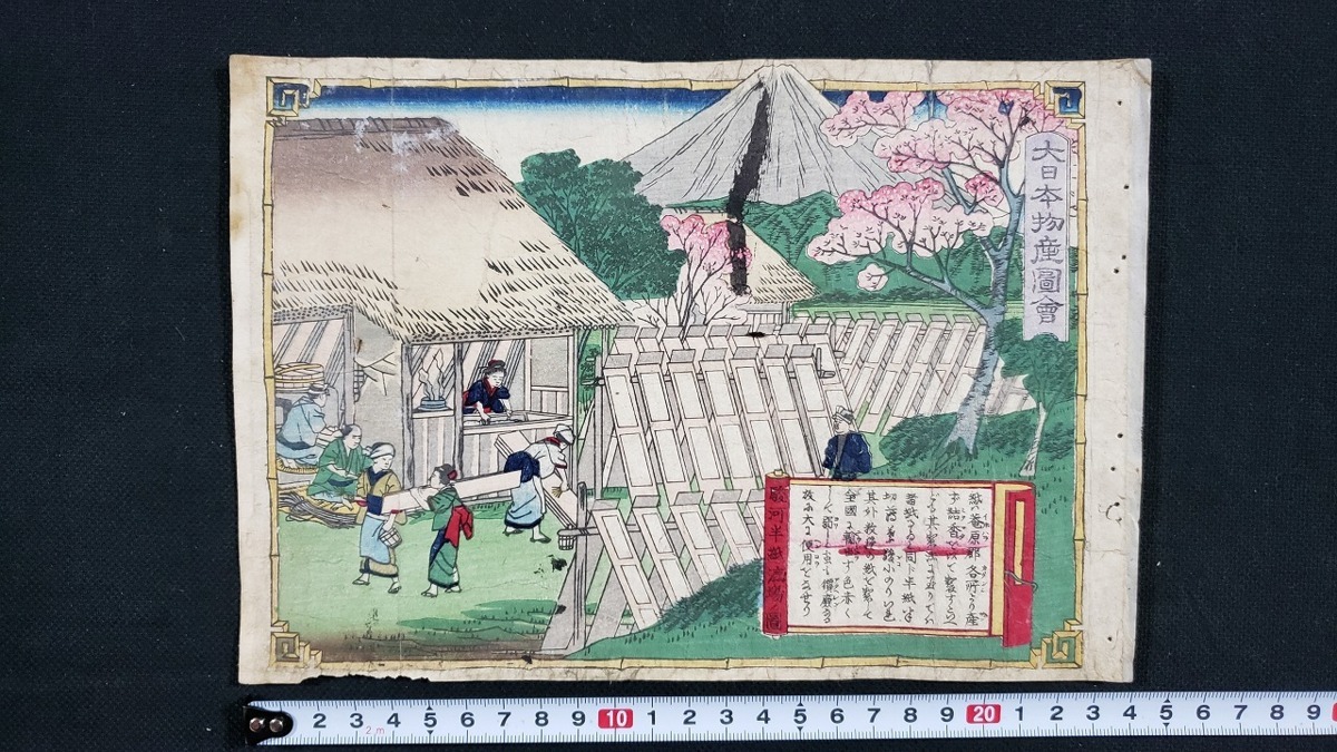 h△ 明治期 木版画 錦絵 大日本物産図会 駿河半紙漉場之図 三代歌川 