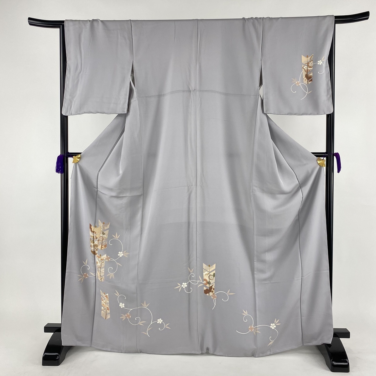 袷 訪問着 M 美品 灰紫 草花 笹蔓 紬地 身丈167cm L