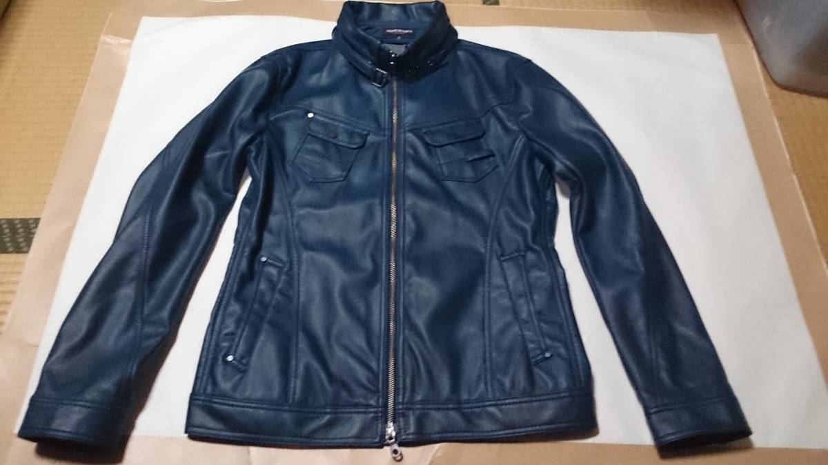 試着程度 定15180 HIDEAWAYS NICOLE ハイダウェイ ニコル 微光沢 マット調 フェイク レザー ジップ ライダース ジャケット 紺青 48 M位(Mサイズ)｜売買されたオークション情報、yahooの商品情報をアー Mサイズ