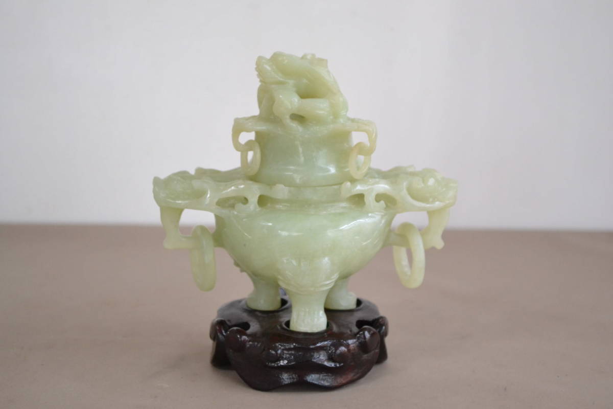 玉石 中国美術 翡翠 香炉 置物 彫刻 ｜玉香炉 中国古玩 透かしは掘り香炉