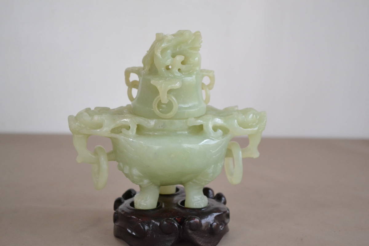 玉石 中国美術 翡翠 香炉 置物 彫刻 ｜玉香炉 中国古玩 透かしは掘り香炉