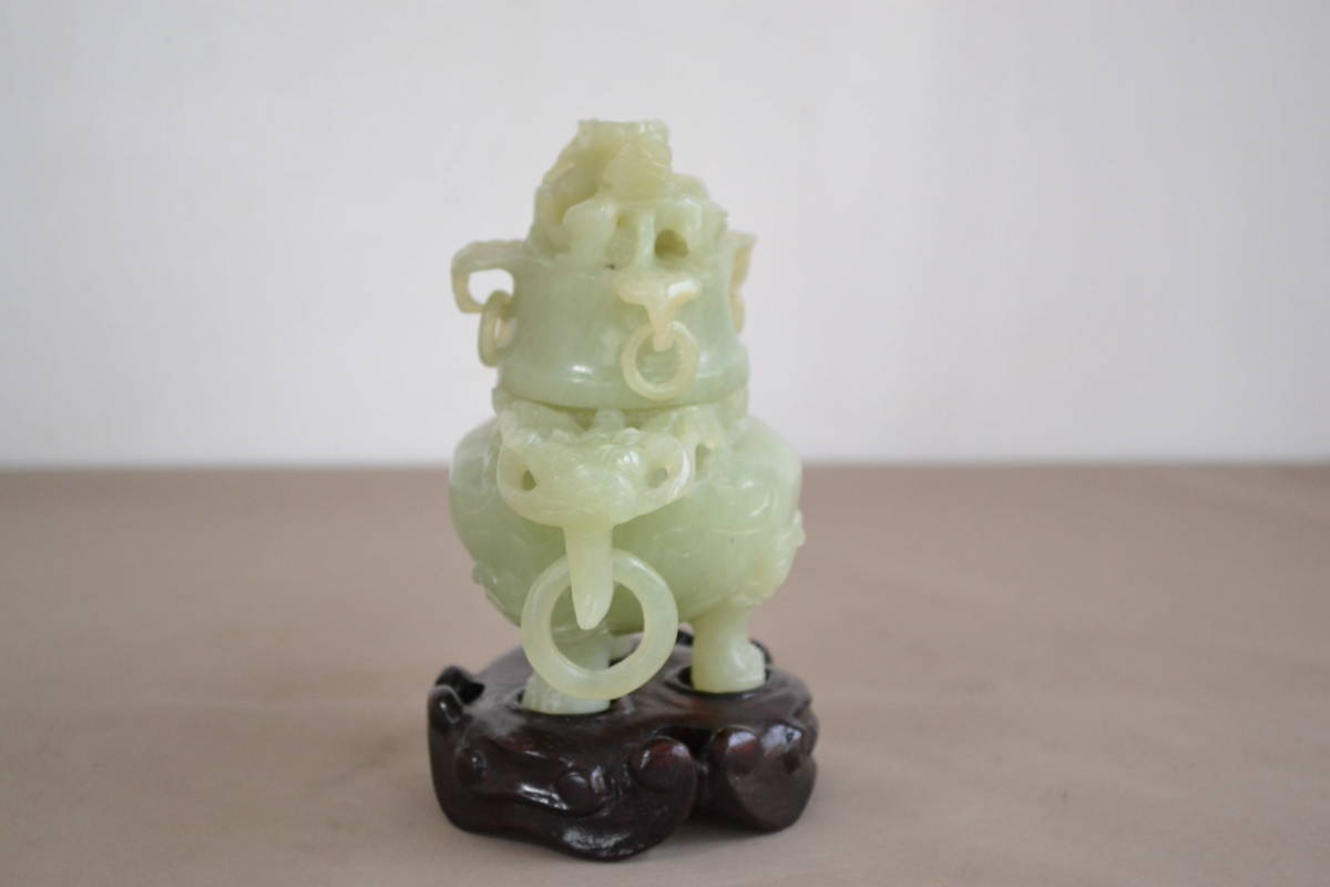 玉石 中国美術 翡翠 香炉 置物 彫刻 ｜玉香炉 中国古玩 透かしは掘り香炉