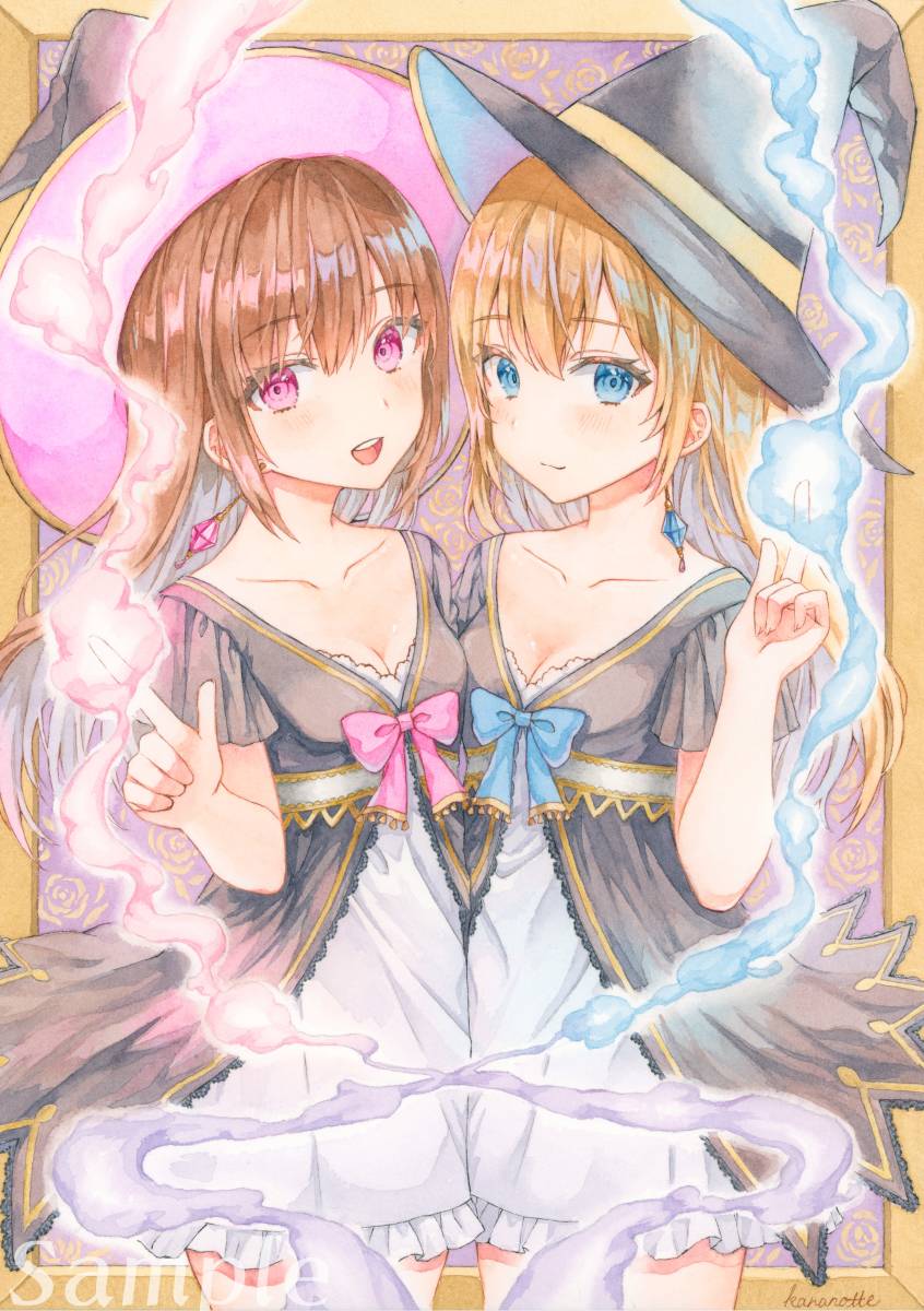 【半神】オリジナル　手描き　イラスト　透明水彩　#一次創作　#双子 手描きイラスト オリジナル *双子の魔女* A4 透明水彩(手描きイラスト
