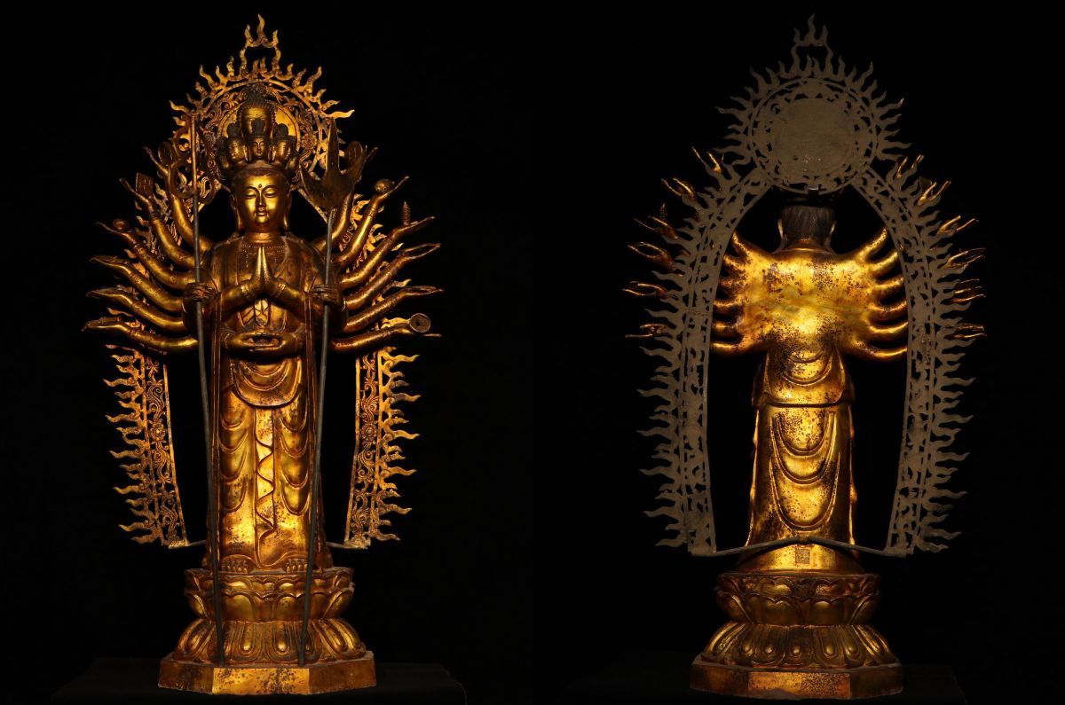 時代 銅製(古銅 唐銅)鍍金(塗金)懸仏(掛仏 佛)仏三尊像 坐像(座像)仏教