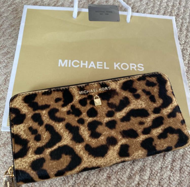 新品 未使用 Michael Kors マイケルコース 長財布 財布 ラウンドファスナー レオパード 柄 ヒョウ 柄 ハラコ 本 革 ヘアカーフ 男女兼用