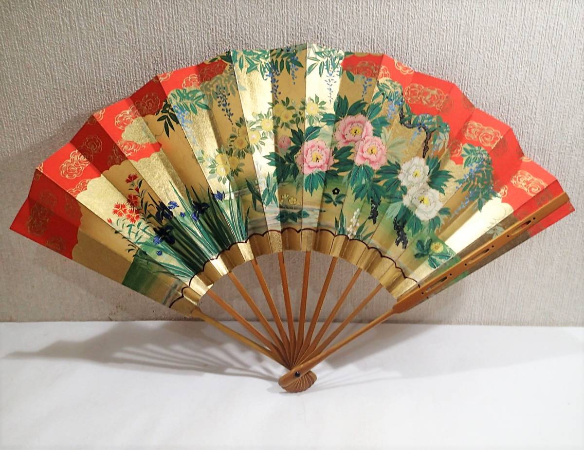 .十松屋福井謹製.桐箱.観世流.仕舞扇 .能楽 .能扇 仕舞 扇子 飾扇 朱金地に流水花全体両面同じ.横幅55.5㌢高さ33㌢(扇子)|売買さ ...