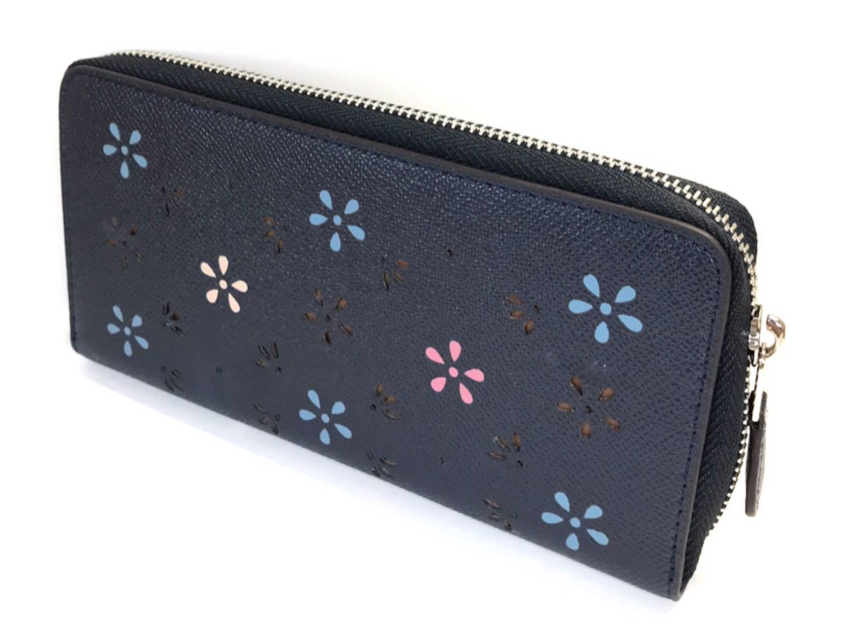 新作，新作登場】 コーチCOACH濃紺に愛らしい花柄が透かし模様でカラフルな