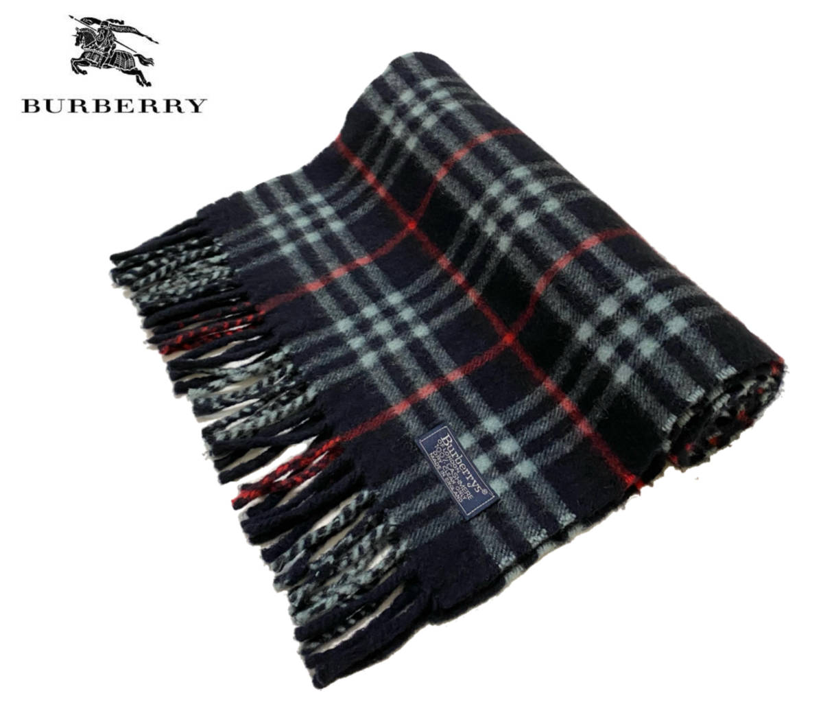 ★美品 英国製 Burberrys バーバリー カシミヤ100% ノバチェック マフラー ネイビー イングランド製