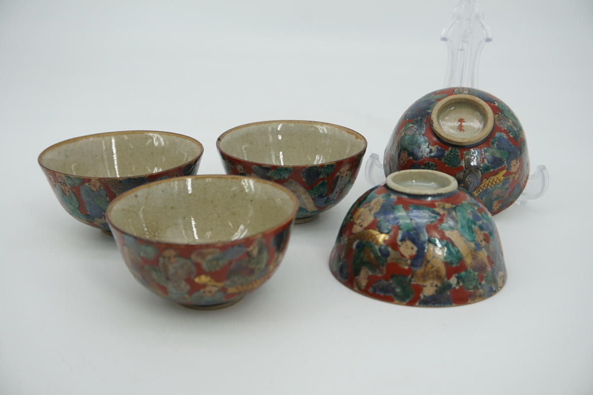 ⭐青木木米 京焼 江戸時代 煎茶器 南画赤絵 煎茶碗 酒器 茶碗 骨董品 時代 青木木米造 色絵人物文 煎茶碗 五客 高さ3.8cm 直径