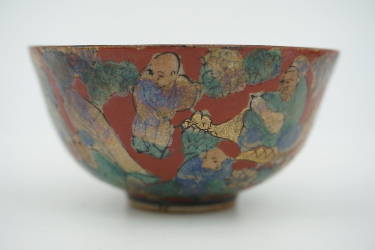 時代 青木木米造 色絵人物文 煎茶碗 五客 高さ3.8cm 直径7.3cm (DEXS0303