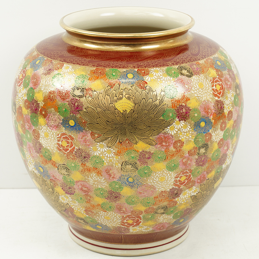 九谷焼 孝月造 金花詰 色絵花詰 総花図 花瓶 花器 大型飾り