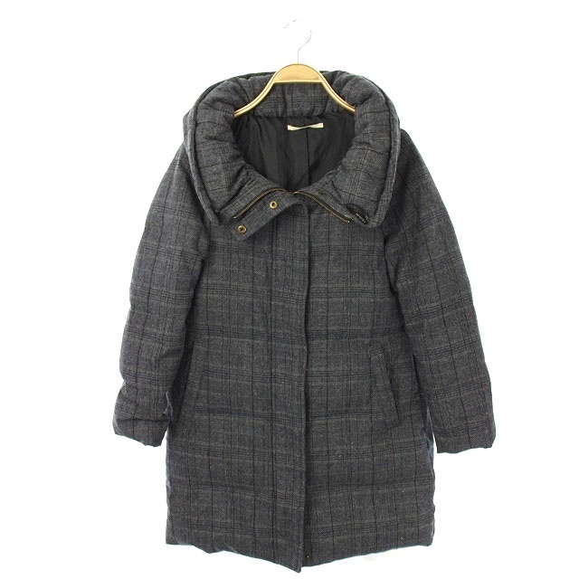 アーバンリサーチ URBAN RESEARCH ダウンコート チェック ジップアップ スタンドカラー ミディアム丈 F 紺 グレー /AA ...
