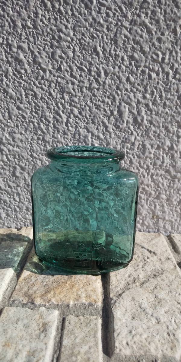 レトロガラス瓶 海苔佃煮瓶 カクキ中瓶 青緑色 気泡 ゆらゆら 製造バリ