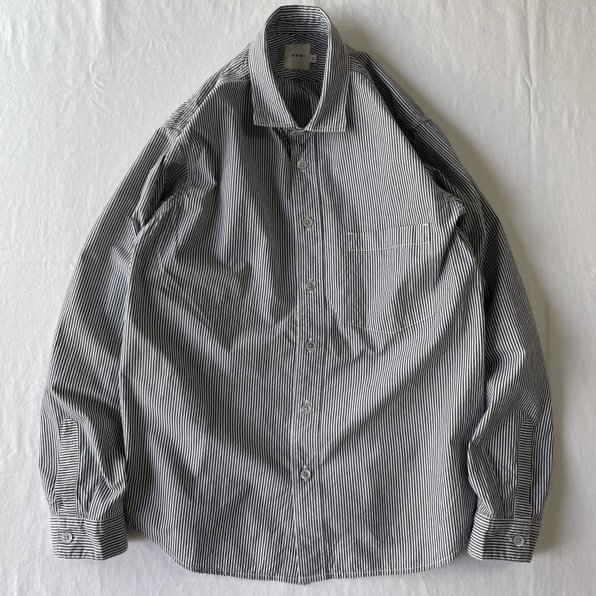 美品 RINEN size 2 リネン aek2 ストライプチェック シャツ 長袖 グレー 