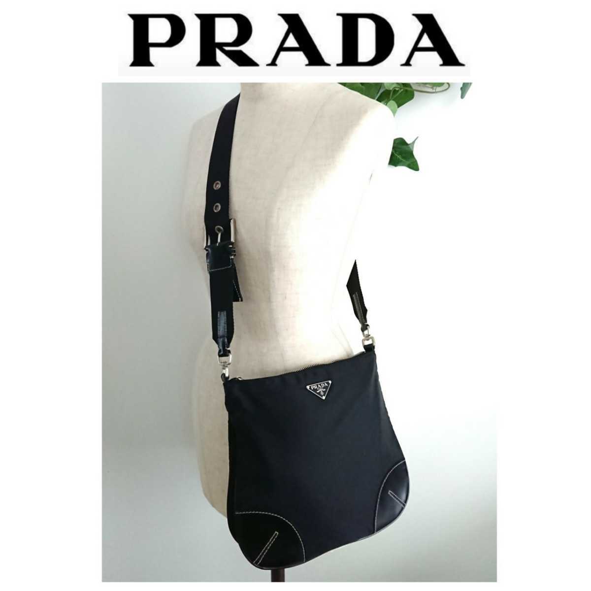 良品 PRADA プラダ ナイロン レザー 斜め掛け ショルダーバッグ 