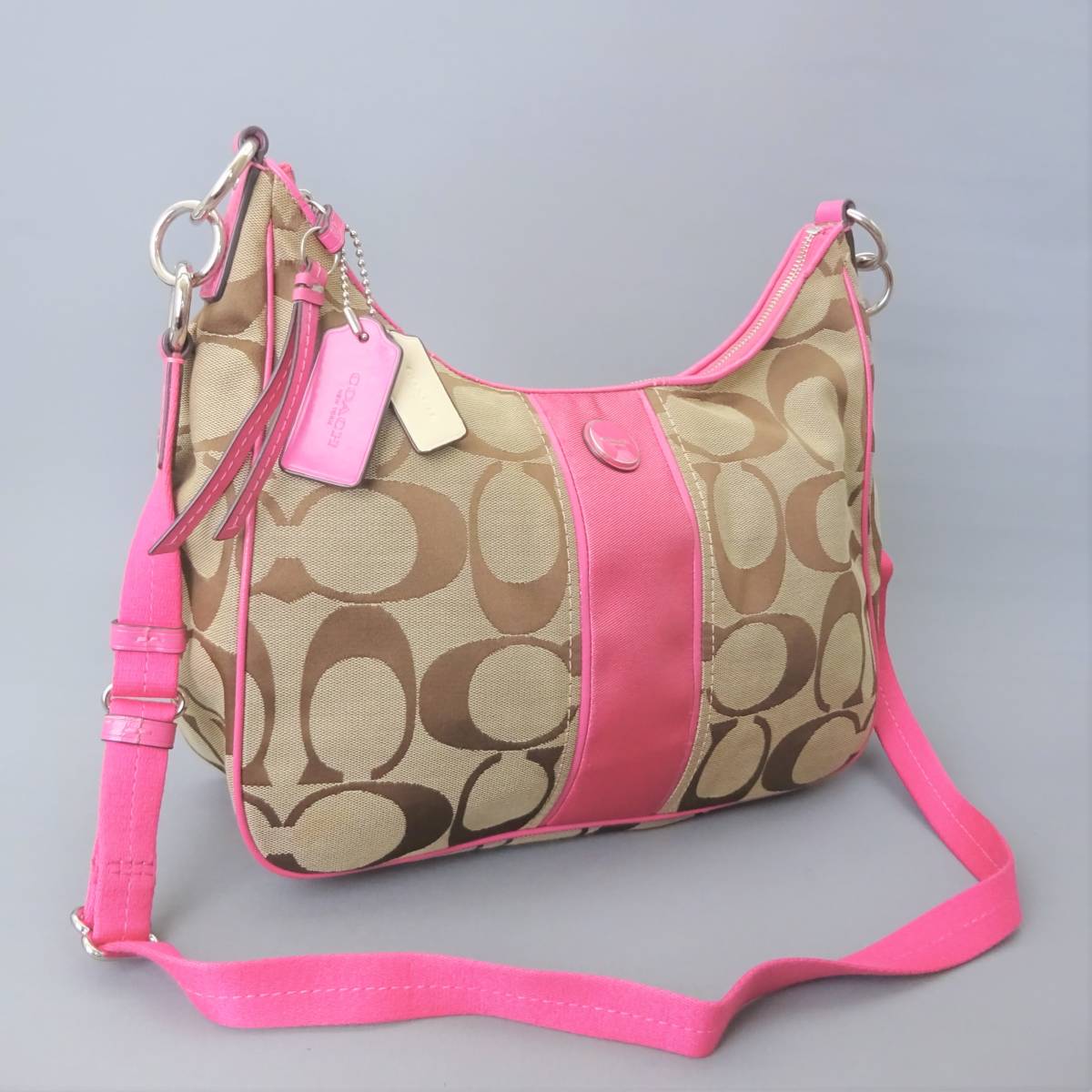 Coach ショルダーバッグ ベージュ ピンク ストライプ 本物□コーチ 
