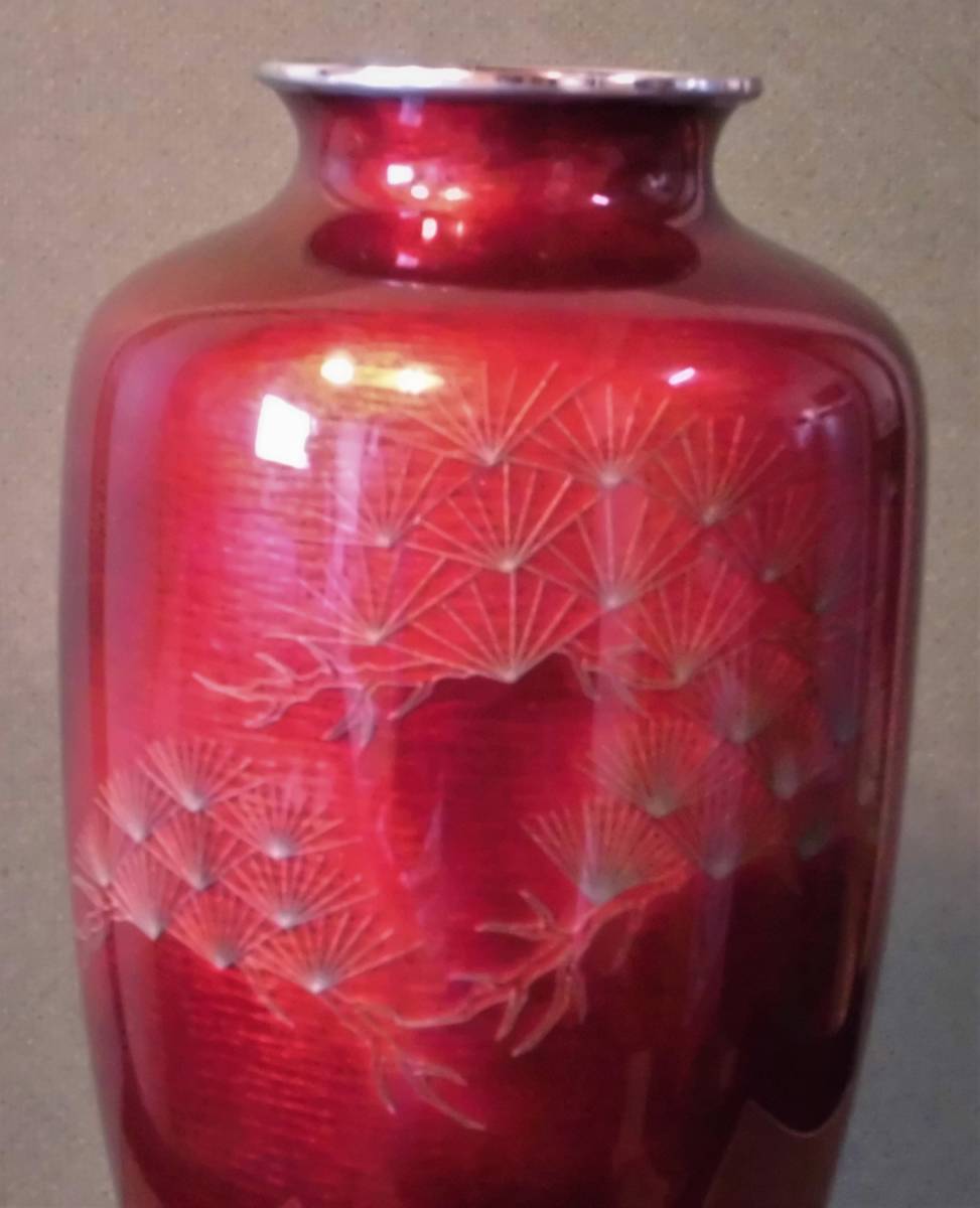 七寶焼花瓶 ☆ 「赤花瓶 松葉紋様」 ☆ 四君子模様 有限会社佐藤七宝