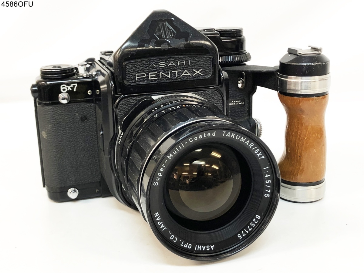 ★シャッターOK◎ PENTAX ペンタックス 6×7 Super-Multi-Coated TAKUMAR/6×7 1:4.5/75 中判カメラ ボディ レンズ 木製グリップ 4586OFU⑩