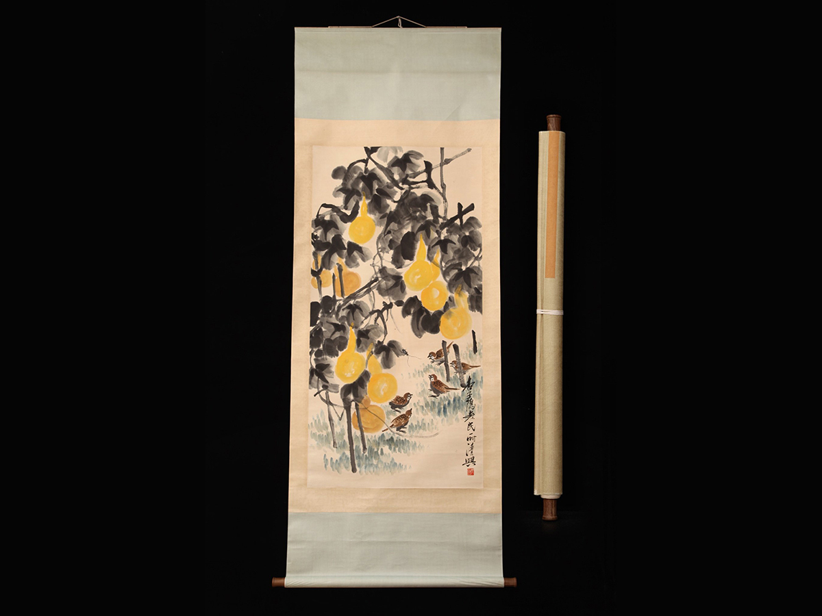 真作】中国書画 『近代画家斉白石・花鳥図』肉筆紙本・掛け軸・書画立軸・