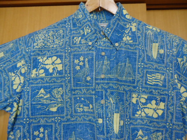 即決　ハワイ　レインスプーナー　アロハシャツ　水色　ロゴ・ヨット・ハワイ州の旗・風景・サーフボード・鳥・花柄　Ｍ28　ゴールドタグ