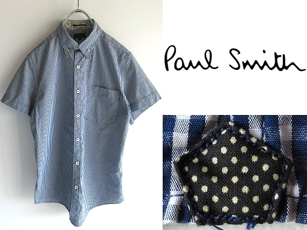 ネコポス対応 最高級ライン Paul Smith COLLECTION ポールスミス コレクション ドット柄マチ ギンガムチェック BDシャツ S ネイビー 日本製