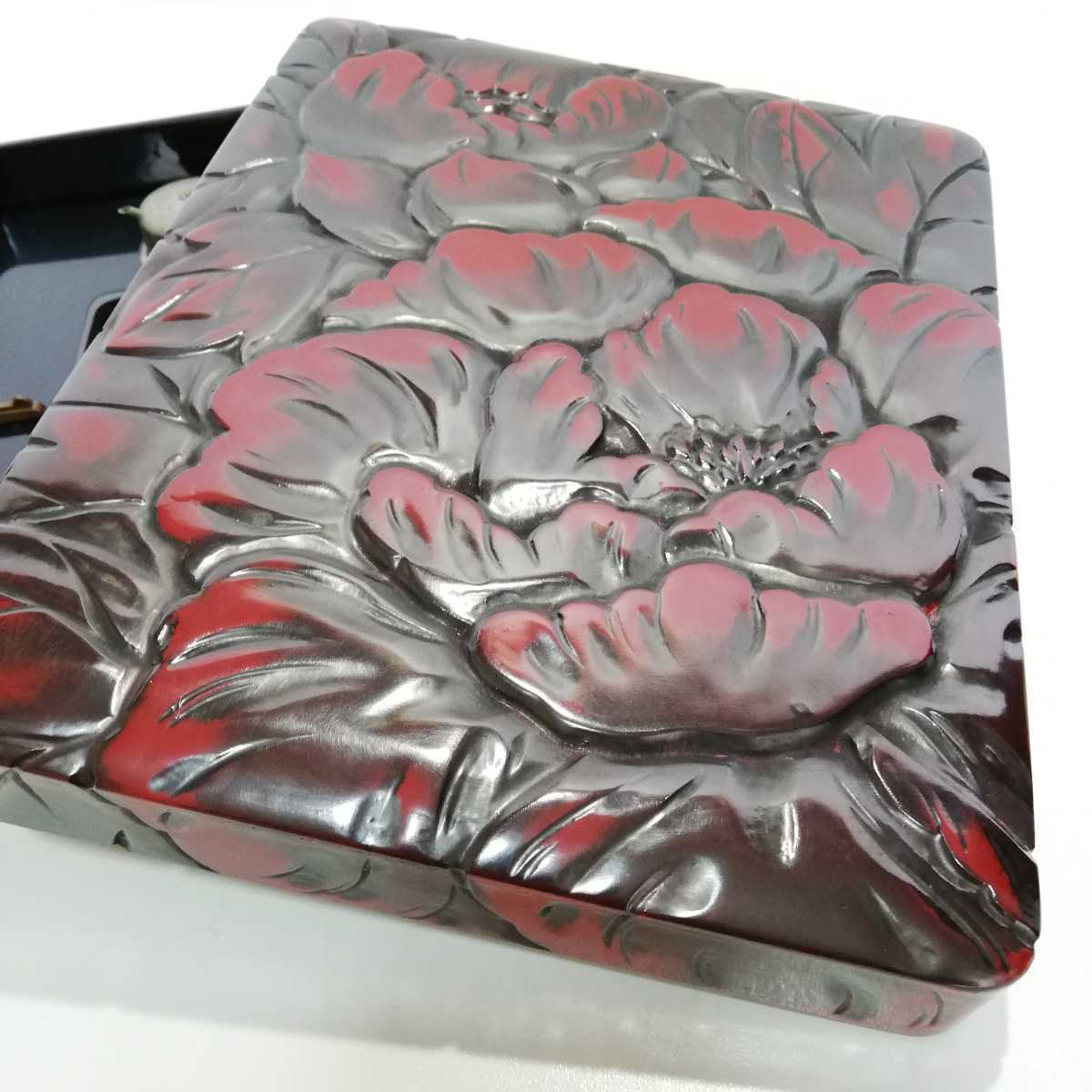 超激得，大得価 希少 昭和30年代 高級漆器 鎌倉彫 牡丹文 硯箱