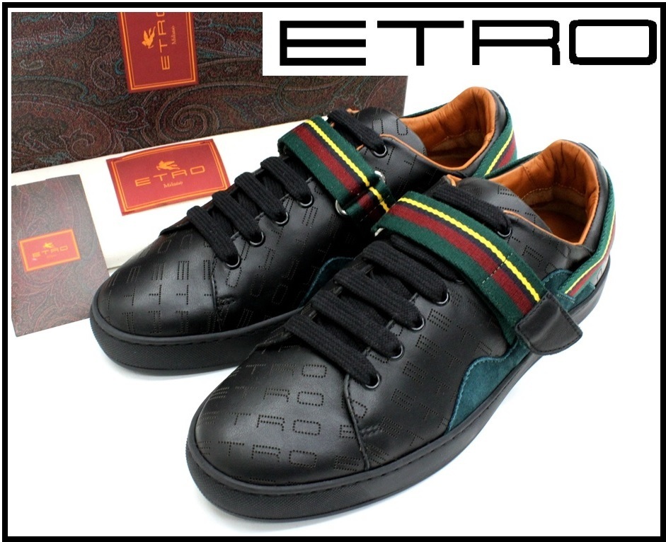 12万新品◇39=24cm【ETRO】エトロ 黒パンチングロゴレザースニーカー1