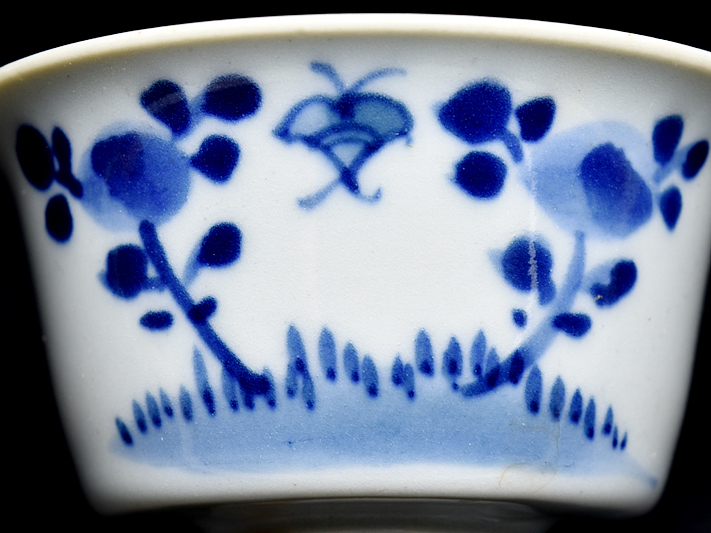 新渡 青花 草花文 煎茶碗 五客 箱付 】 中國 唐物 古染付 煎茶道具