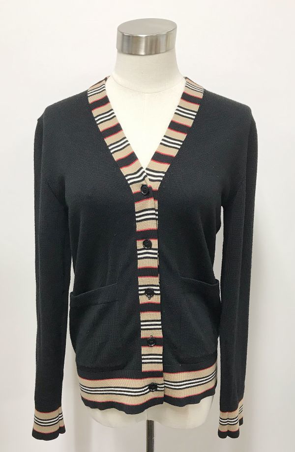 θ BURBERRY バーバリー ストライプ ニットカーディガン 21SS Vネック 8008953 レディース ブラック Sサイズ 本体のみ S20945294760