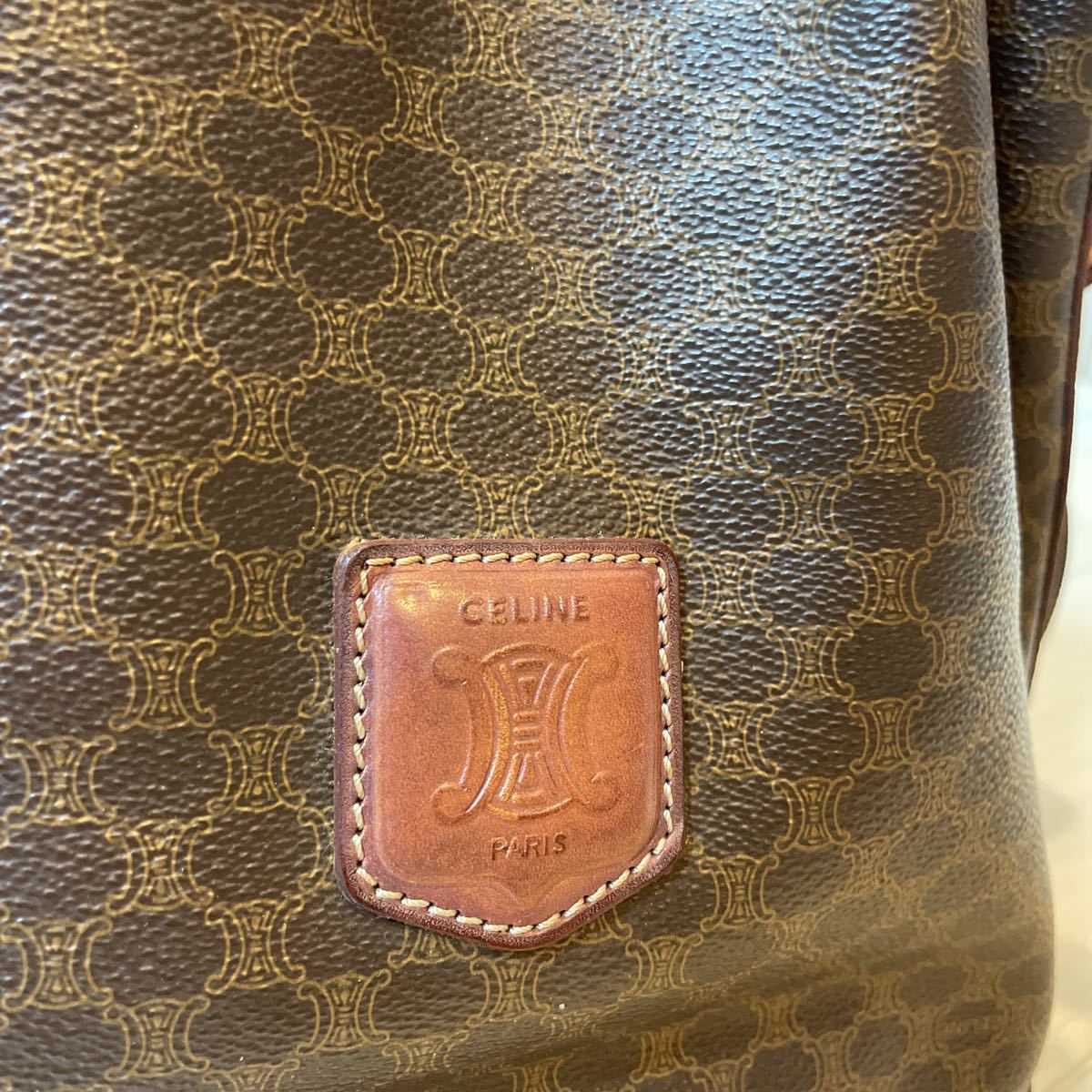 阪166 セリーヌ ショルダーバッグ マカダム柄 巾着型 レザー M90 CELINE セリーヌ マカダム柄 PVC/レザー 巾着ショルダーバッグ