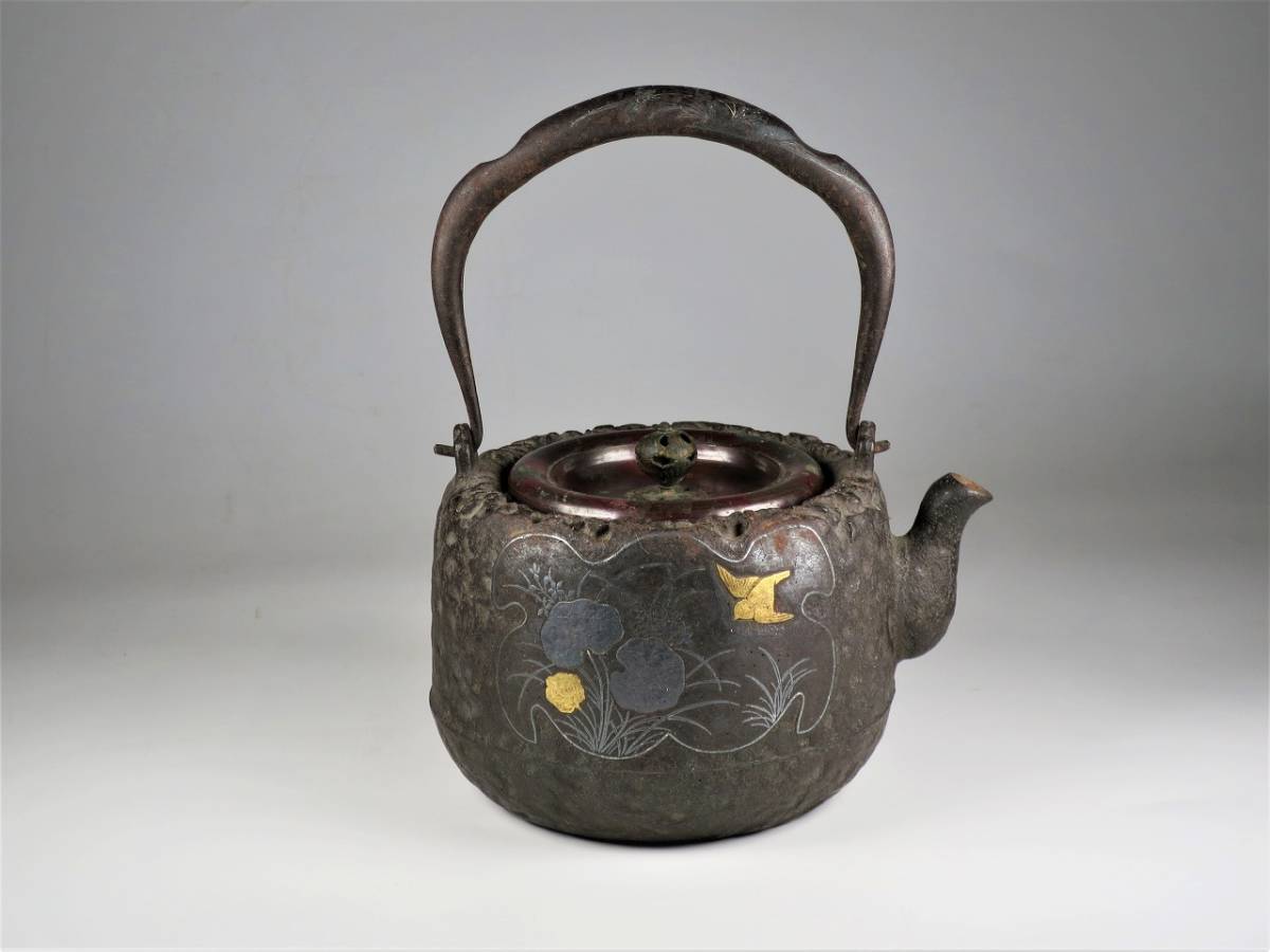 鉄瓶 提手銀象嵌斑紫銅蓋山水図鉄瓶（共箱） 茶道具 ⑯龍文堂造 龍文堂