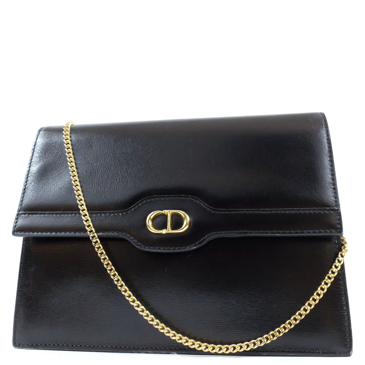 期間限定 綺麗【ChristianDiorディオール】ロゴ金具 2way チェーンショルダーバッグ クラッチ レザー 黒ブラック 斜めがけ