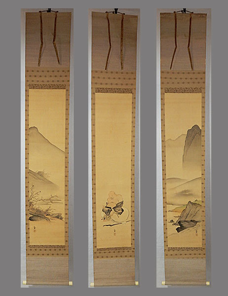 【真作】■橋本雅邦■山水/布袋図三幅対■下村観山鑑定箱■東美教授■肉筆■掛軸■掛け軸■日本画■