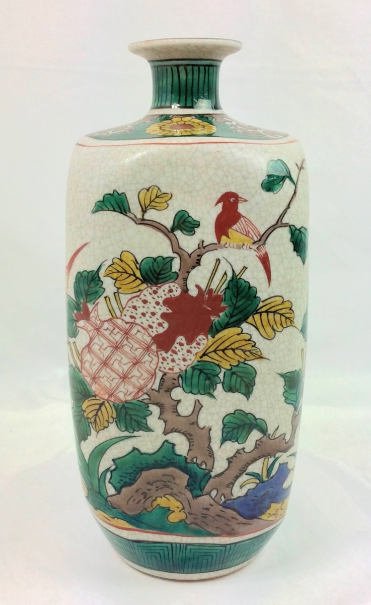 花鳥図 花器 陶器 角福 割取古九谷焼 飾壺 骨董品 壺 九谷焼