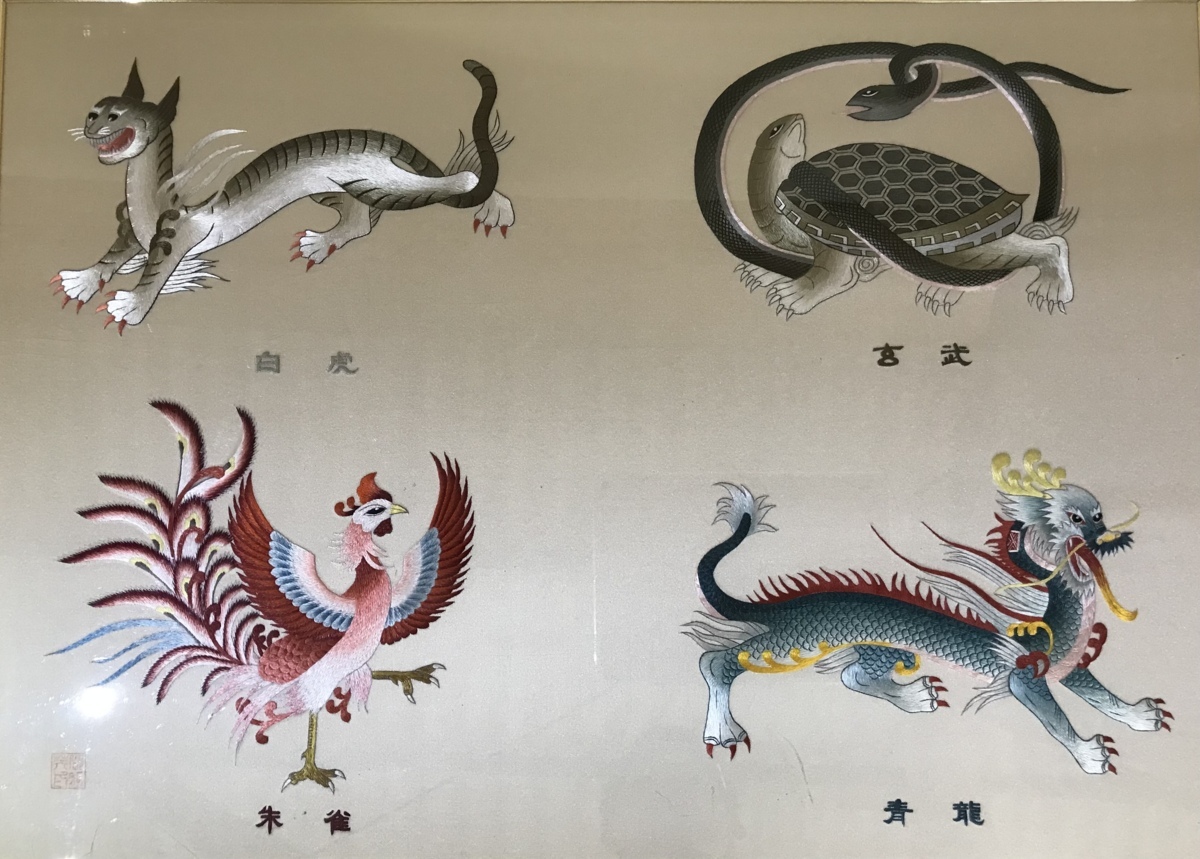 □送料無料□ 四神 刺繍 額 飾り インテリア 中国 神獣 白虎 玄武 朱雀