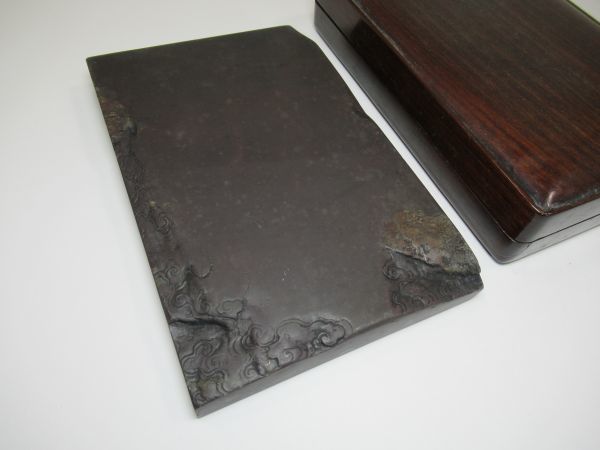 硯□曹國舅図端渓古硯 檀木箱付 萬戸管弦