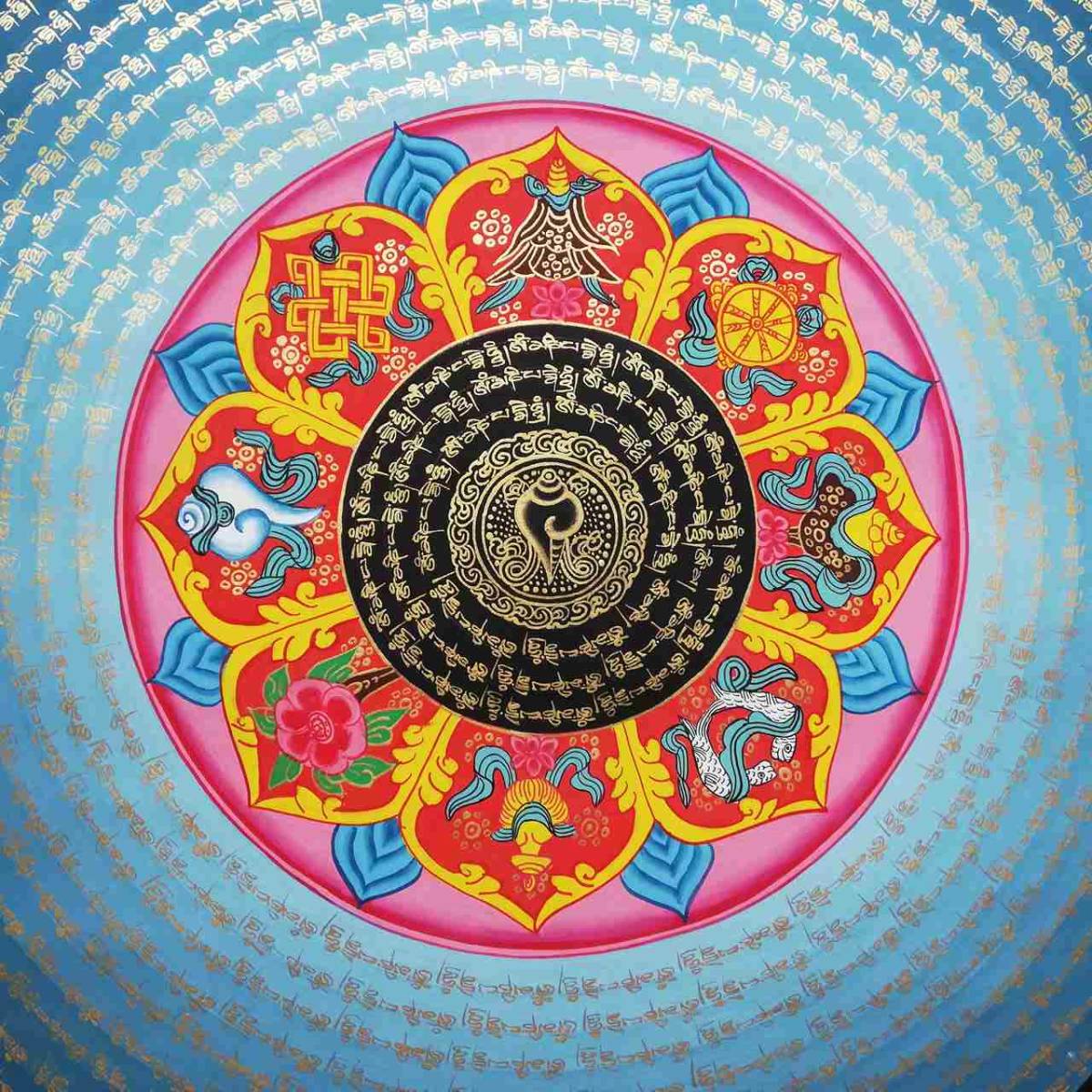 西蔵密教 肉筆 八吉祥 マントラ 曼荼羅 細密画 55.5cm 一点もの 検索 