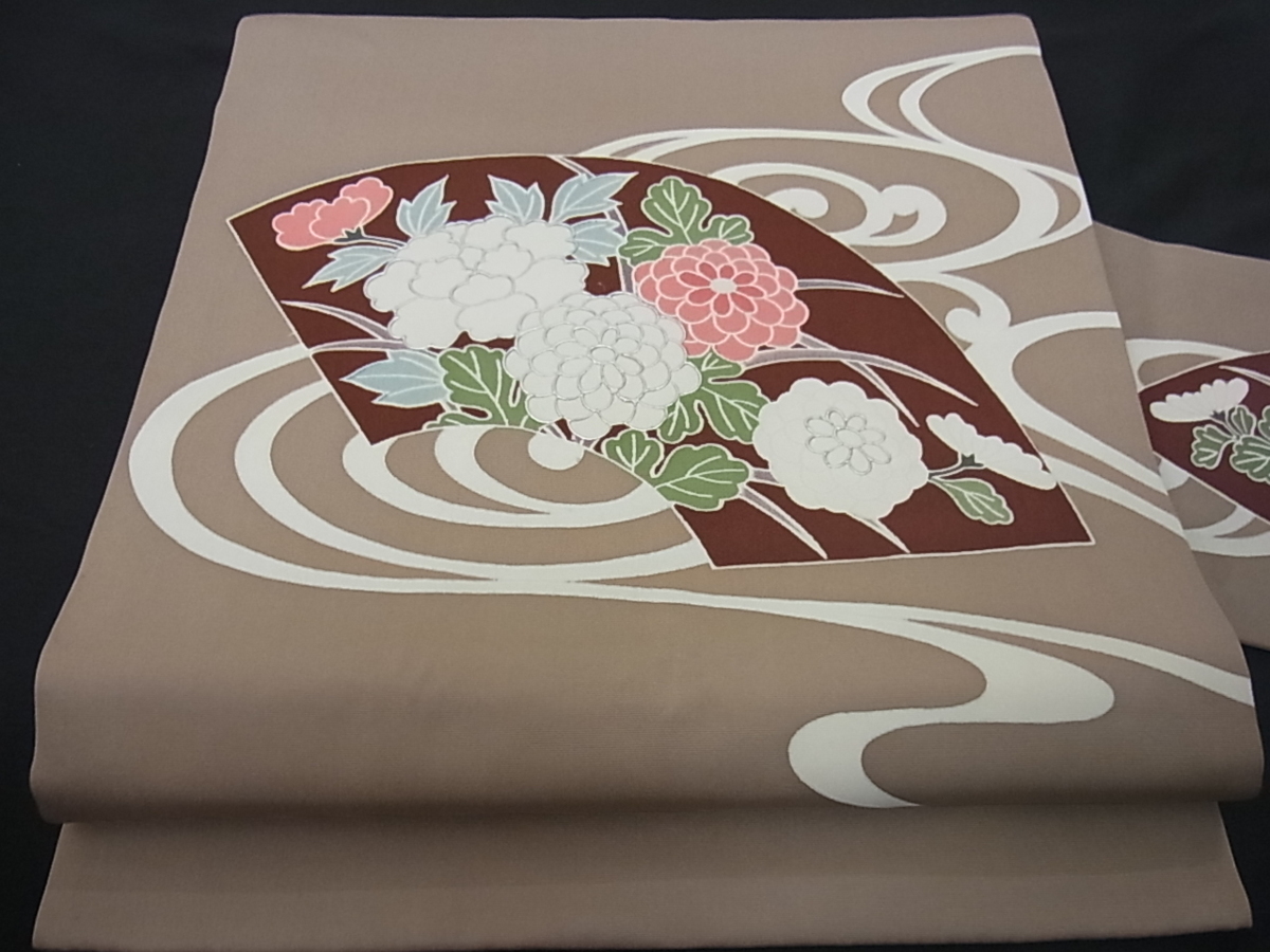 花美人□塩瀬 九寸名古屋帯 駒刺繍 枝花文 金彩 逸品 eee0634 