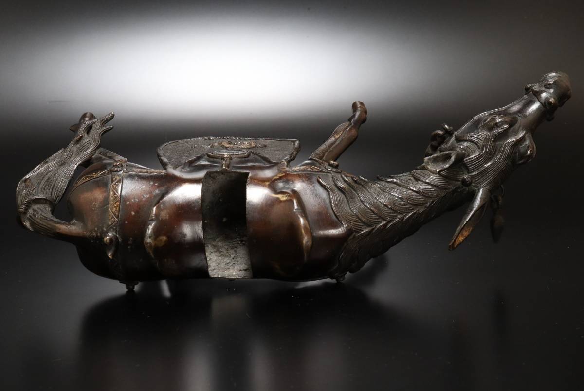工芸品 1794g☆古銅 銅製 騎馬賢人 老人 のったり 香炉 仏教美術 仏像