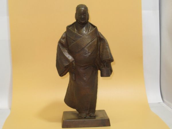 H15-3 オブジェ 置物 彫刻家 紺谷英儀 作 唐銅製 高さ 31cm 重さ 3400g 能楽置物 井筒 ブロンズ 能面 室内装飾