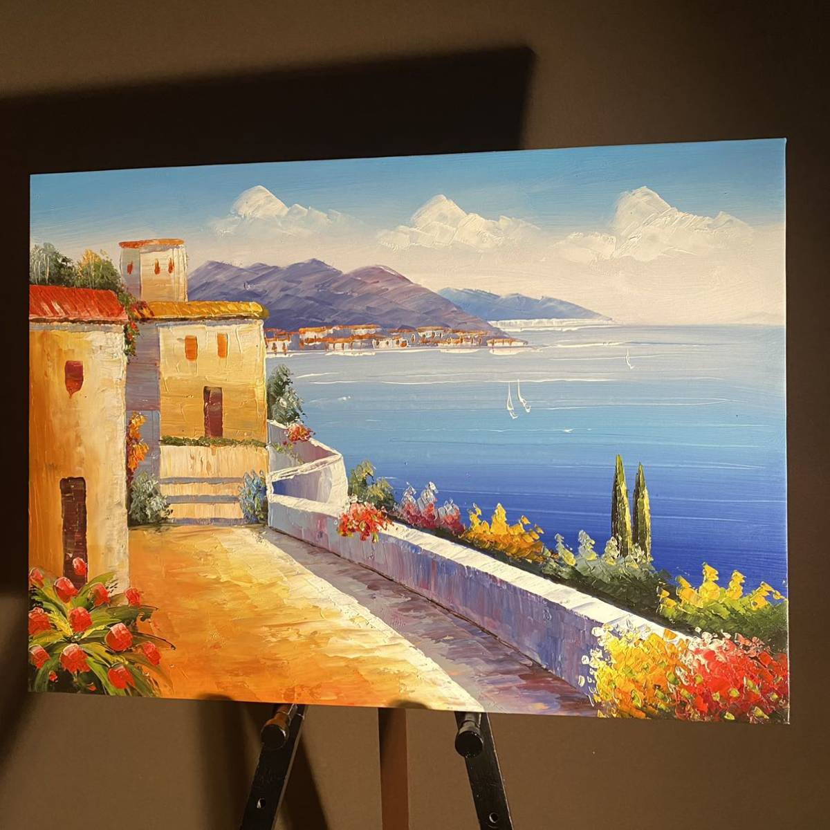 手書き油絵 地中海の風景 絵画 インテリア 油彩画 ホビー、カルチャー