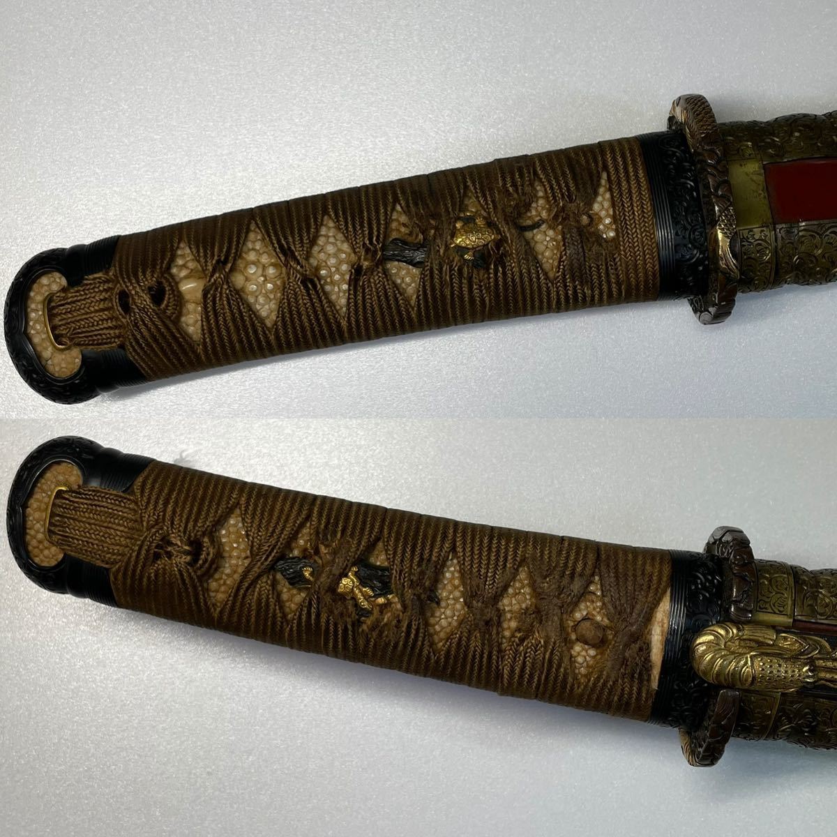 名拵え 朱塗刻海老鞘唐草文金具脇差拵 時代ある素晴らしい一作金具