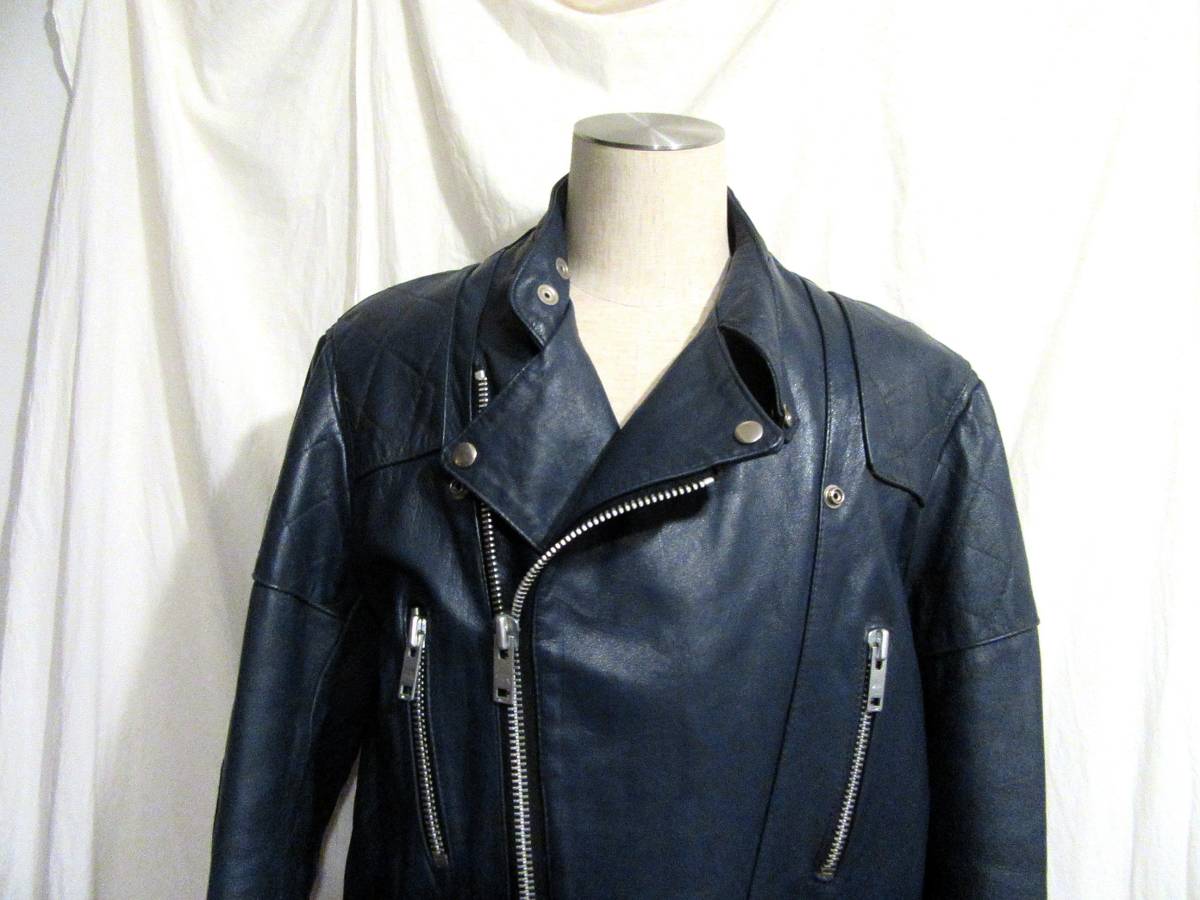 英国製Wolf Leathers ビンテージUKライダース ブルーレザー 表記46 実寸身幅60cm ウルフレザー ロンジャン オーバーサイズ ビッグサイズ