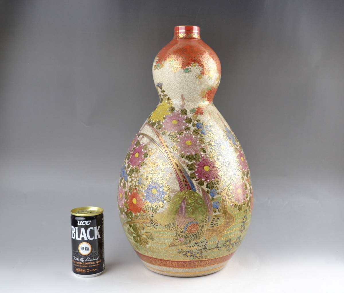 薩摩焼 金襴手色絵耳付武者図花瓶 共箱付 36.5㎝ 花器 飾壺 古美術